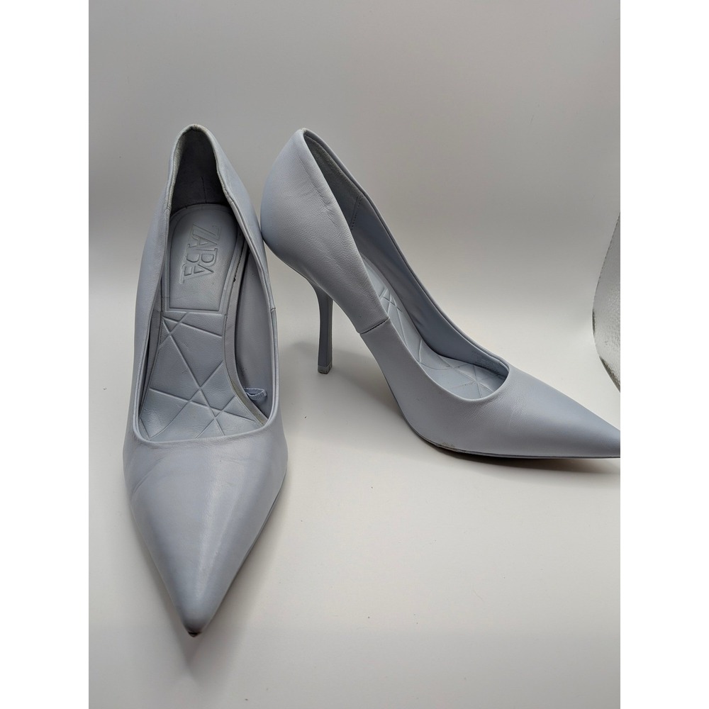 Baby Blue Leather Pointed Toe Stiletto Pumps Zara Heels Size 37 - Picture 10 of 11